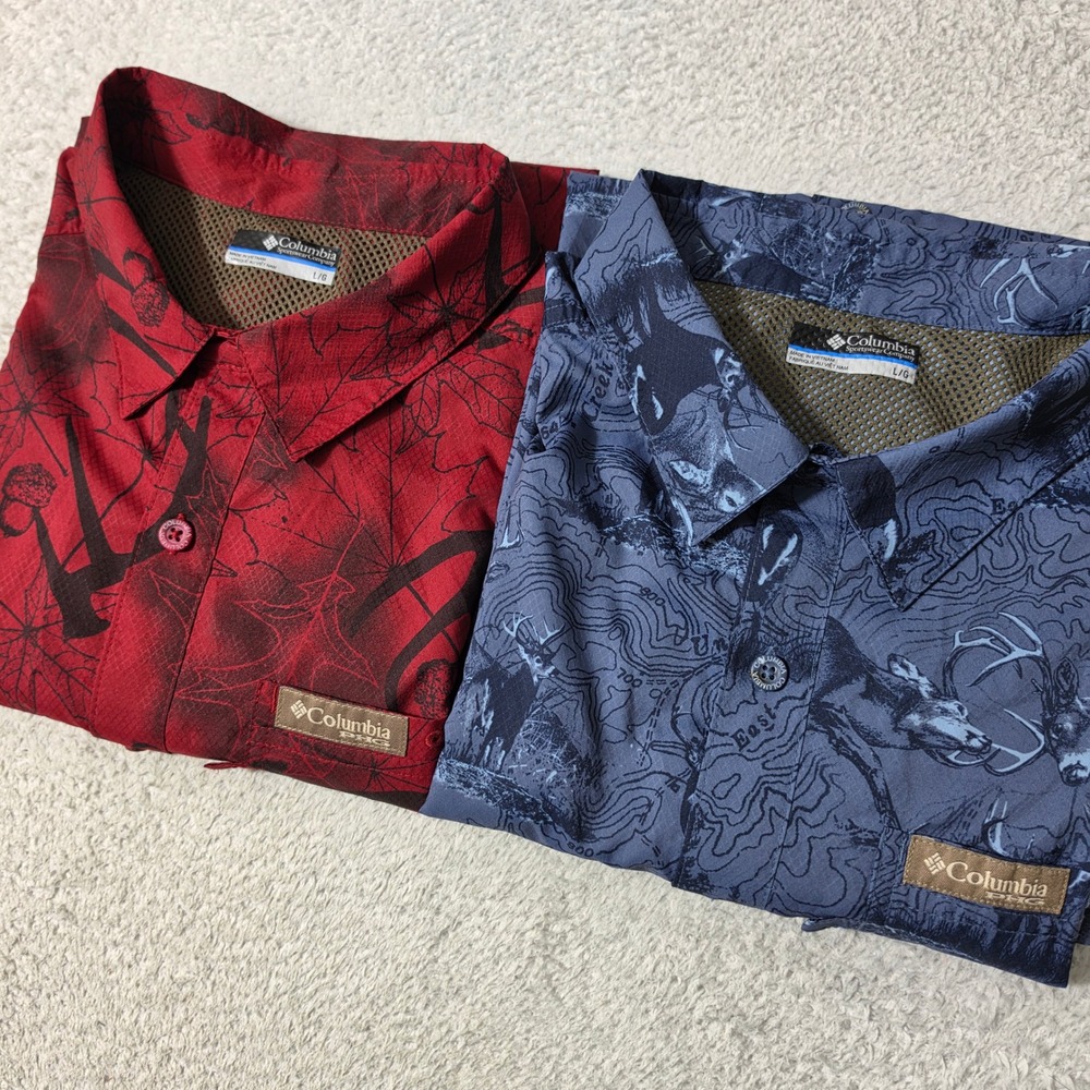 2 Pack! Columbia PHG Button Down Shirt Mens L Red Blue Antler Topo